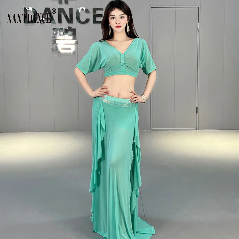 Belly Dance ชุดสลิงด้านบนปิดไหล่แขนแยกกระโปรงฝึกเสื้อผ้าผู้ใหญ่ Oriental ผู้หญิงเต้นรําเสื้อผ้า