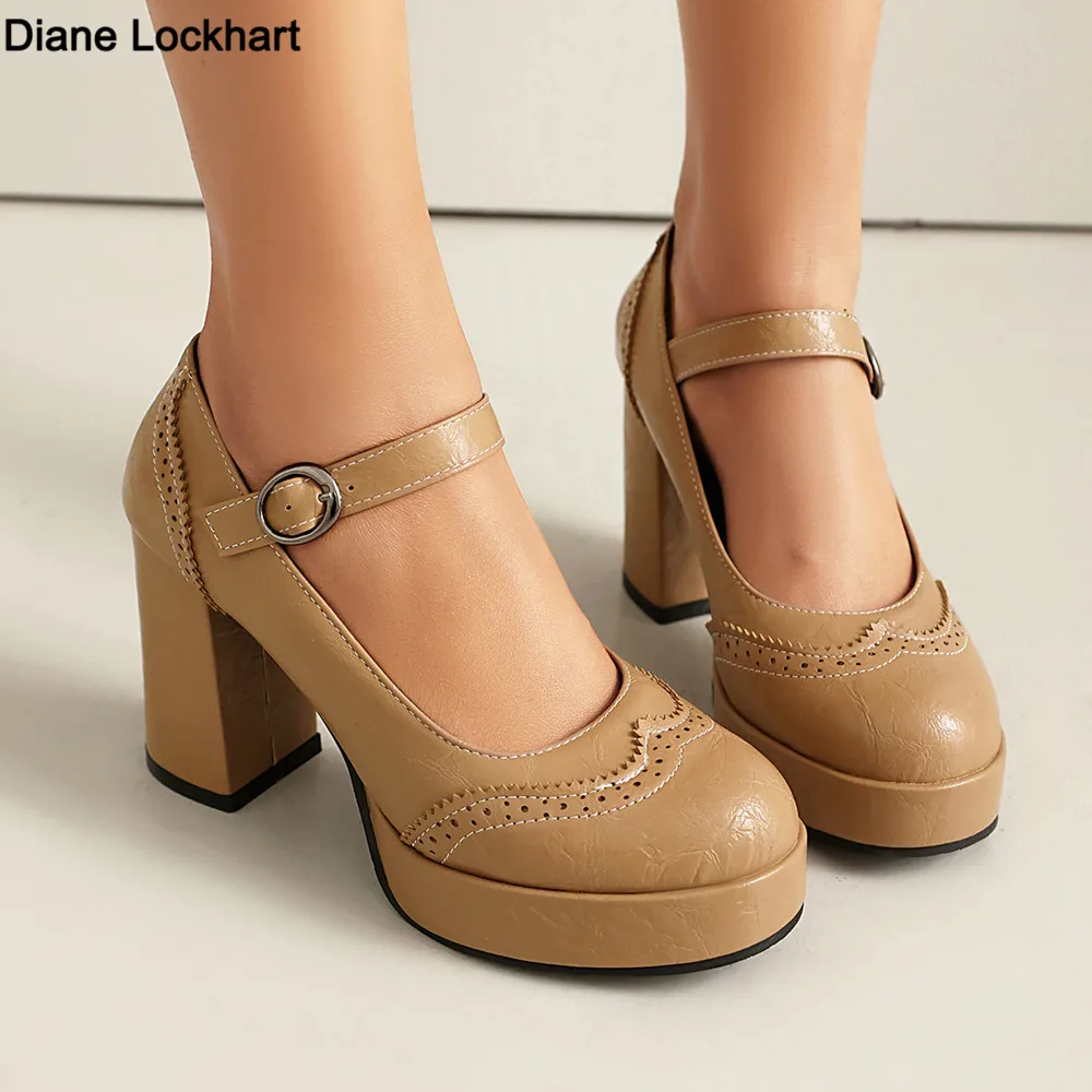

2025 Platform High Heels Women's Spring Autumn Pumps Shoes Wine red Black Retro Thick Soled Jane Ankle Buckle 9cm Chunky Heels