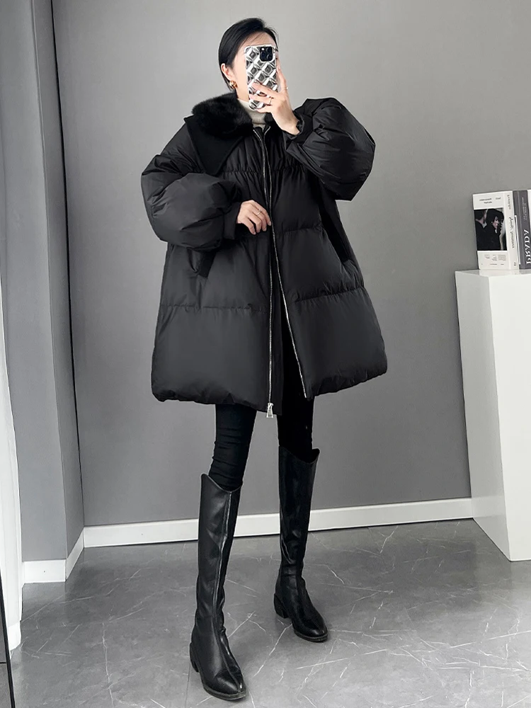 High Quality Mink fur collar down jacket for women 2023 Winter Oversized Lantern sleeve puffer coat Black Parkas INKEO 3O200