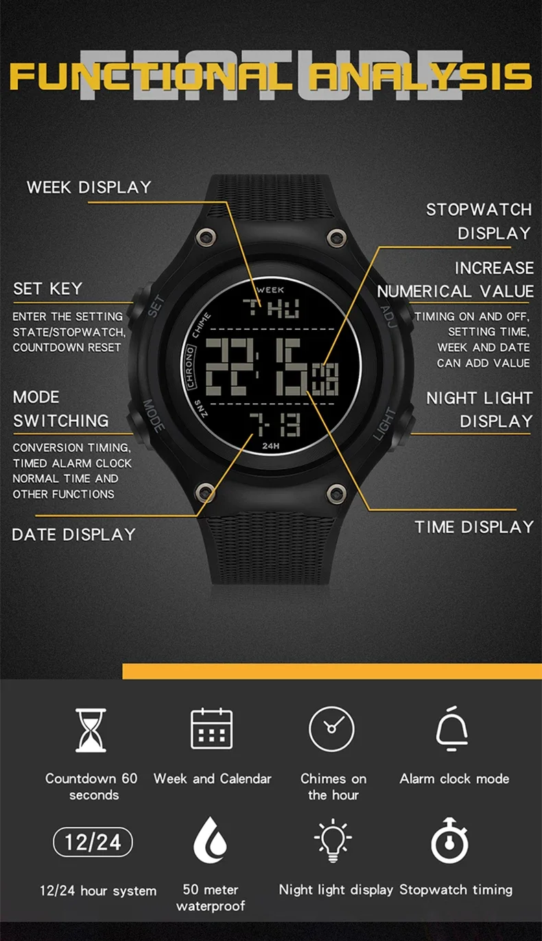 OFNS 2141 New 2024 Fashion Outdoor Sports Multi functional Waterproof Digital Movement LED Electronic Stop Watch Men's Watch