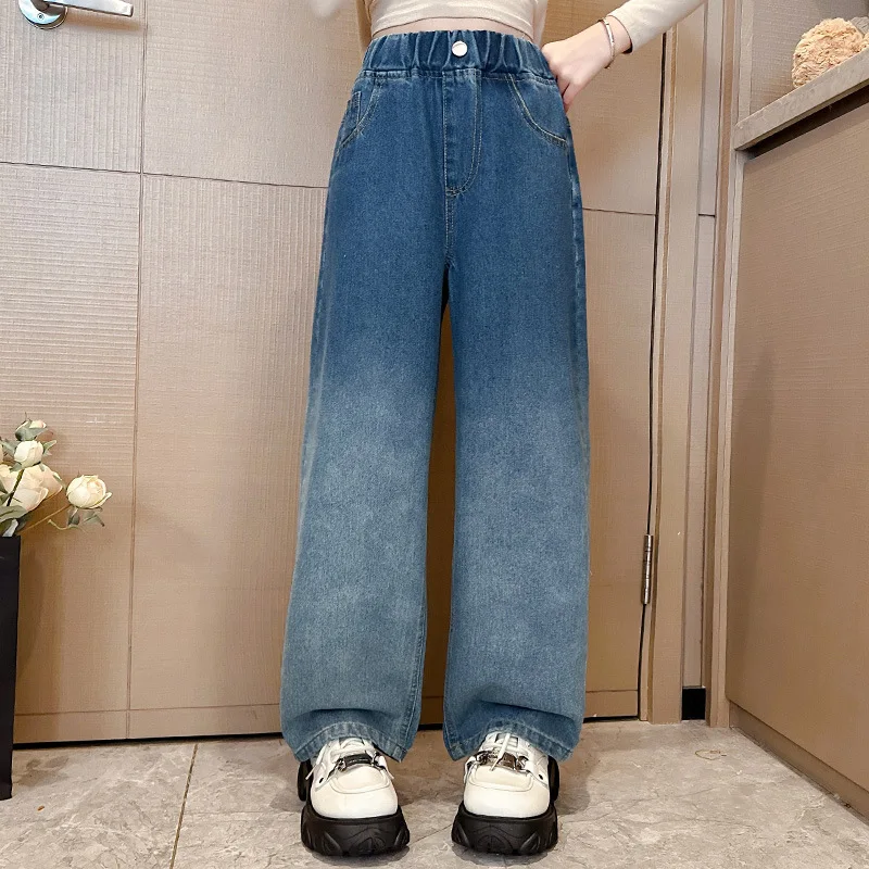 

Girls jeans spring and autumn gradual change wide-leg pants new big children's foreign style fashion long pants 3-12 years old