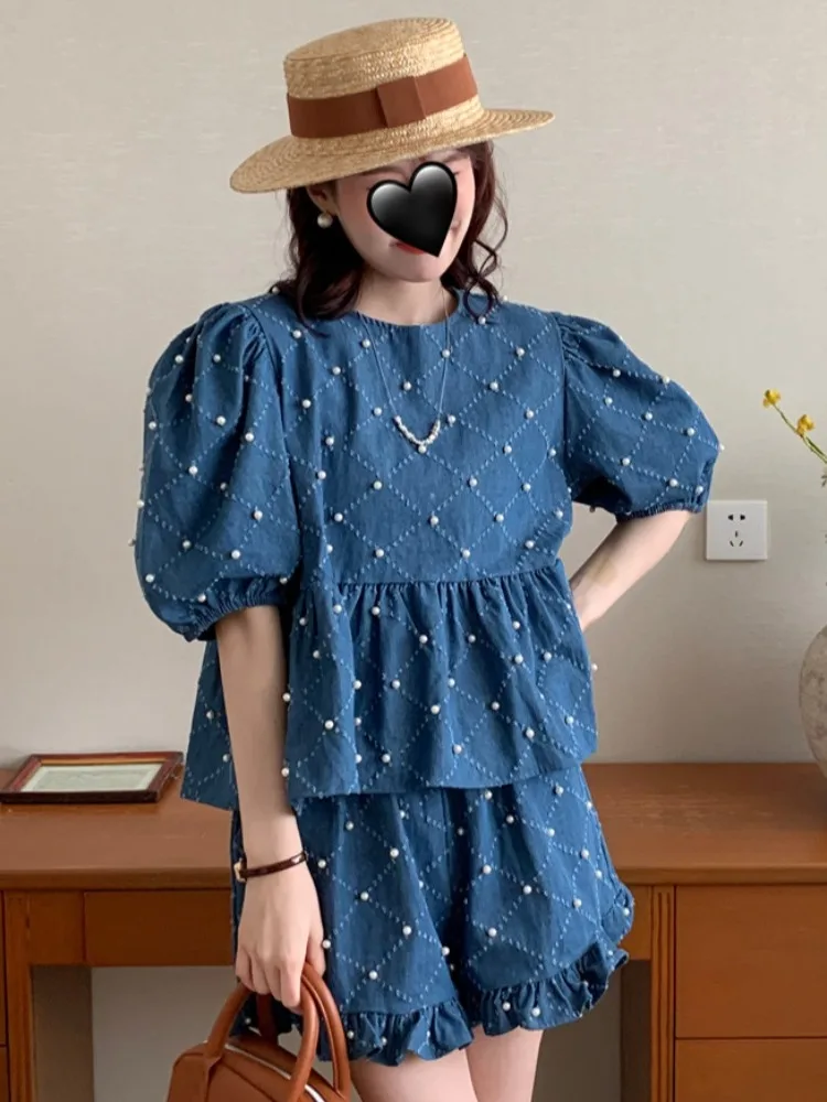 

Dongda Gate Ретро антивозрастной круглый Ne Beaded Bubble Sve Denim Doll irt с высокой талией и широкими штанинами, комплект женской моды