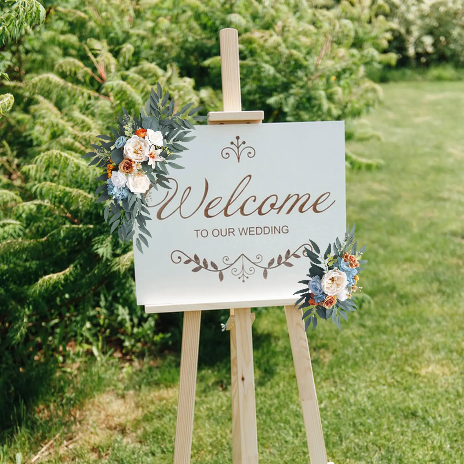 2Pcs Artificial Wedding Arch Flowers Kit Wedding Flowers Garlands Silk Floral Swag Welcome Sign for Ceremony Party Reception