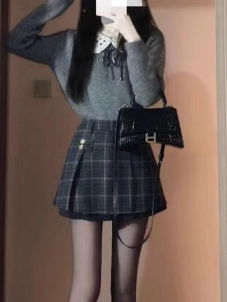 

Autumn New Knit 2 Piece Set Women Sexy Lively Age Reduction Salt Preppy Set Female Bow Design Sweater + High Waist Plaid Skirt