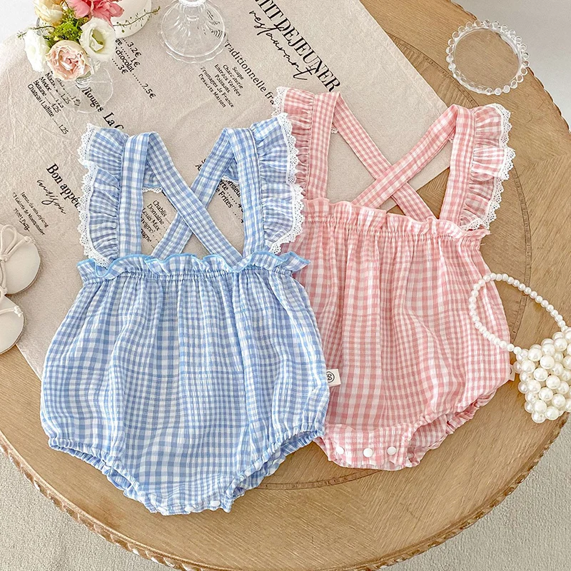 

Новый летний комбинезон для новорожденных девочек 0-24 месяца, без рукавов, хлопковый, в клетку, для малышей