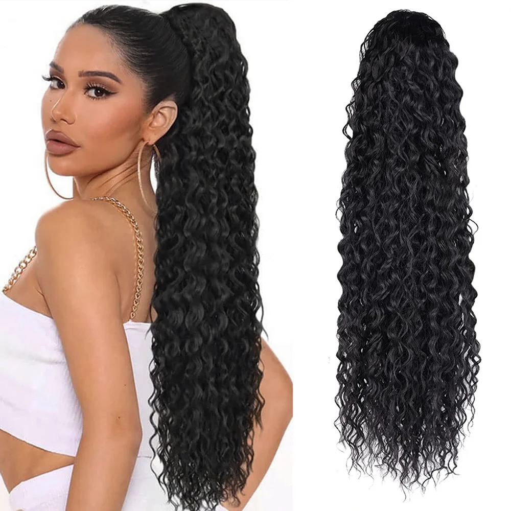 Synthetic Long 22Inch Water Wave Curly Ponytail Extensions Clip in Drawstring Ponytail Wig Afro Pony Tail Women Hairpiece False