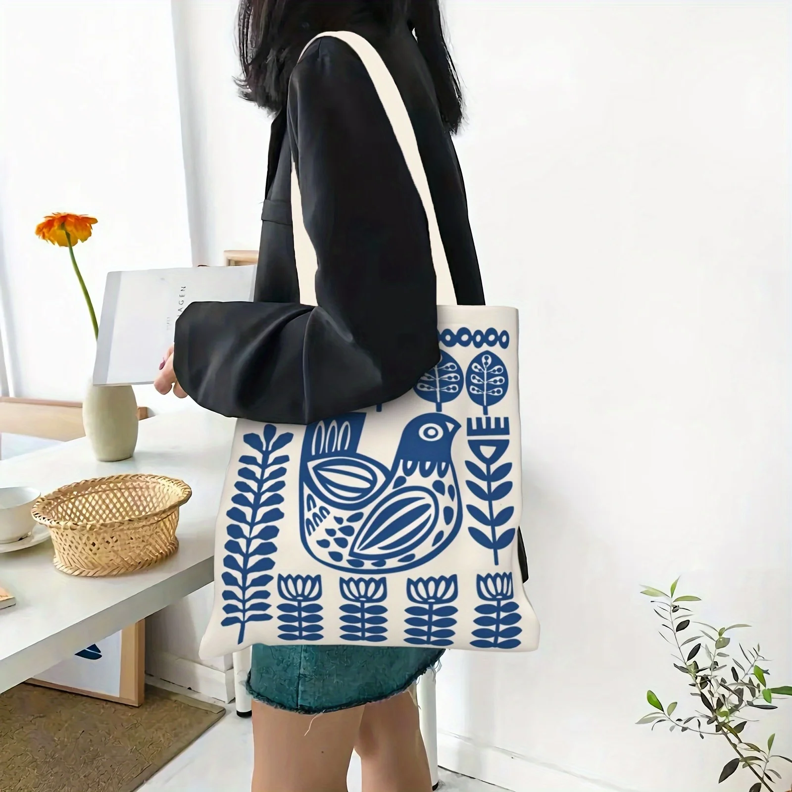 1pc Nordic Style Blue and White Bird Flower Print Tote Bag,Reusable Shopping Bag,Suitable for Daily Use,Shopping,School,Travel