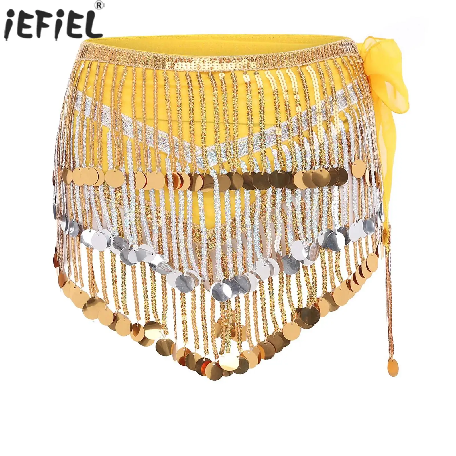 

Women Glittery Belly Dance Hip Scarf Sparkly Sequin Tassel Lace-up Wrap Skirt Waist Chain Belly Dance Performance Skirts