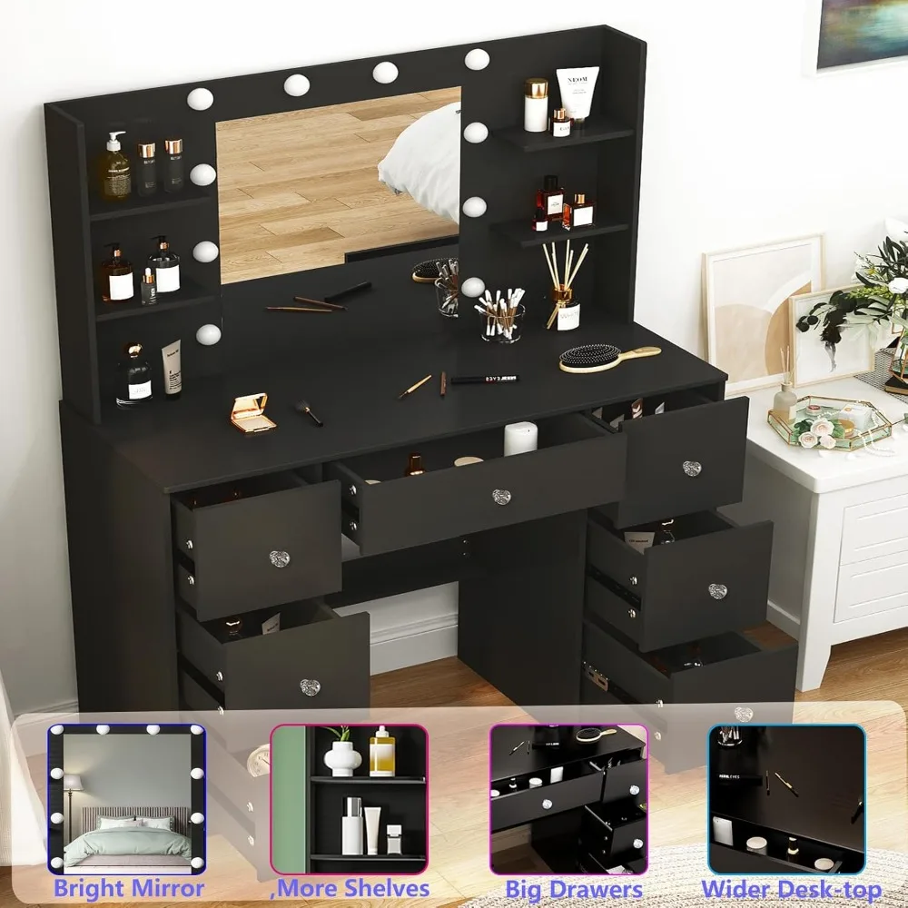 مكتب زينة فاخر أسود كبير 55 بوصة ارتفاع مع مرآة وأضواء، 7 أدراج، 6 أرفف مكياج كبيرة، 10 لمبات، 3 أوضاع #4