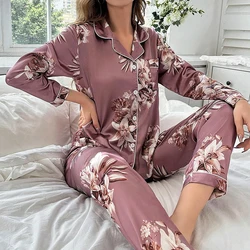 Women's Sleepwear Autumn Floral Print Lapel Collar Long-Sleeved Pajamas Pyjama Pj Set Satin Pajama Pants Home Clothes Lounge Set