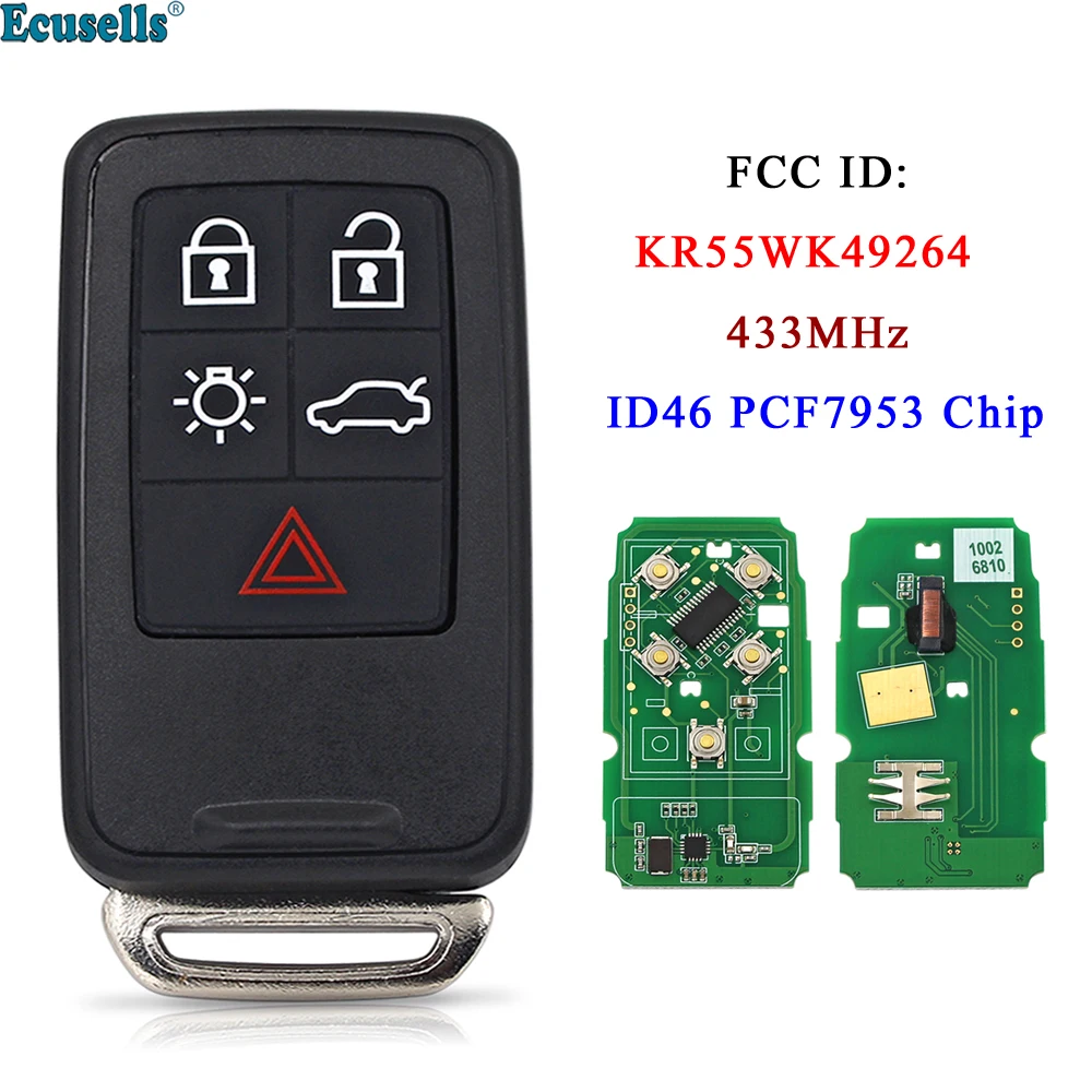 Ecusells 5 Button Remote Key Smart Car Key Fob 434Mhz ID46 Chip for Volvo XC60 S60 S60L V40 V60 S80 XC70 KYDZ Uncut Blade