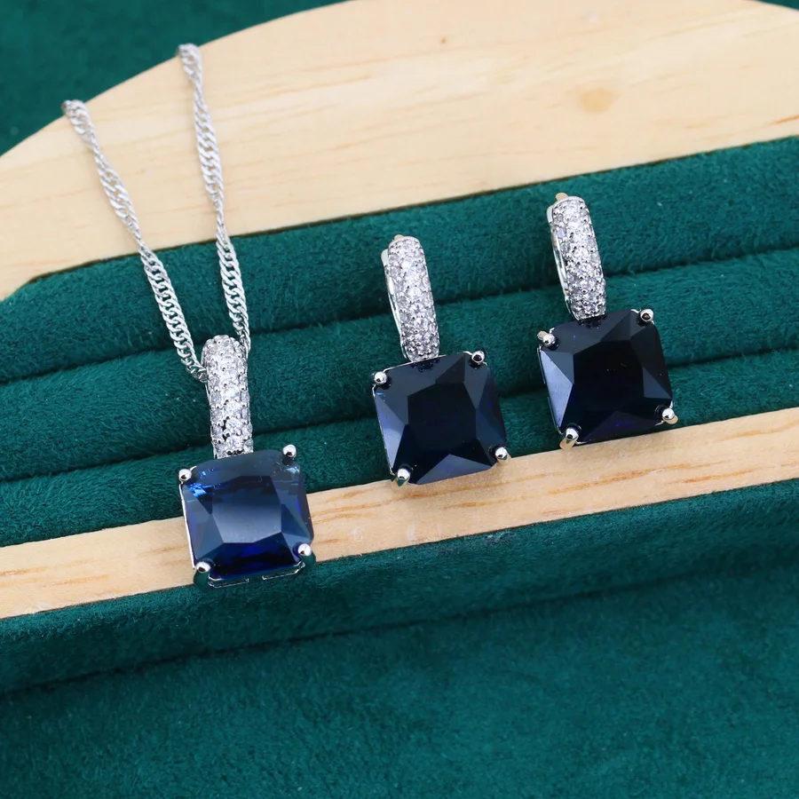 Geometrically Blue Zircon Silver 925 Jewelry Sets Bracelets Earrings Rings Pendant Wedding Necklace For Women Mother Day Gift