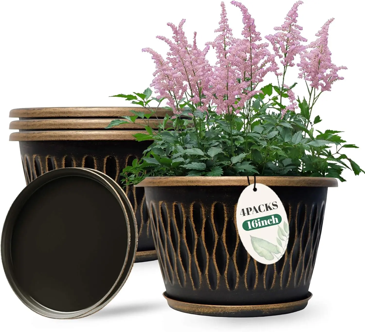 

4 упаковки 16-дюймовых винтажных полосатых горшков для растений с дренажным отверстием и блюдцем, большие пластиковые горшки для внутреннего и наружного декора сада