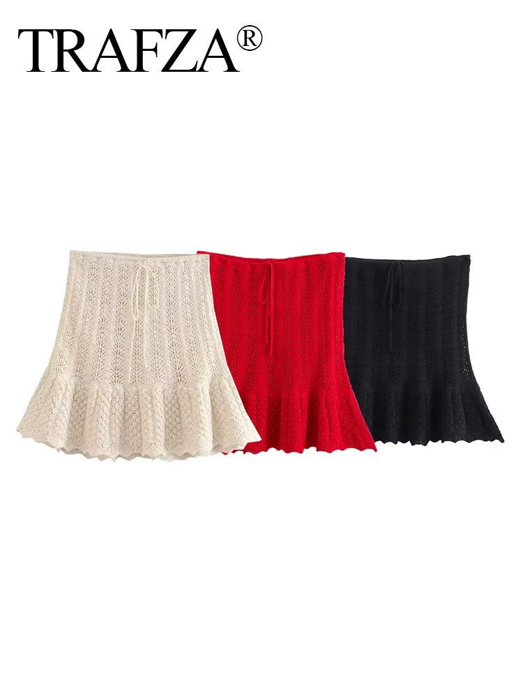 TRAFZA donna moda estate gonna solida scava fuori maglia a vita alta Lace-Up pantaloncini femminili gonne donna elegante gonna a trapezio