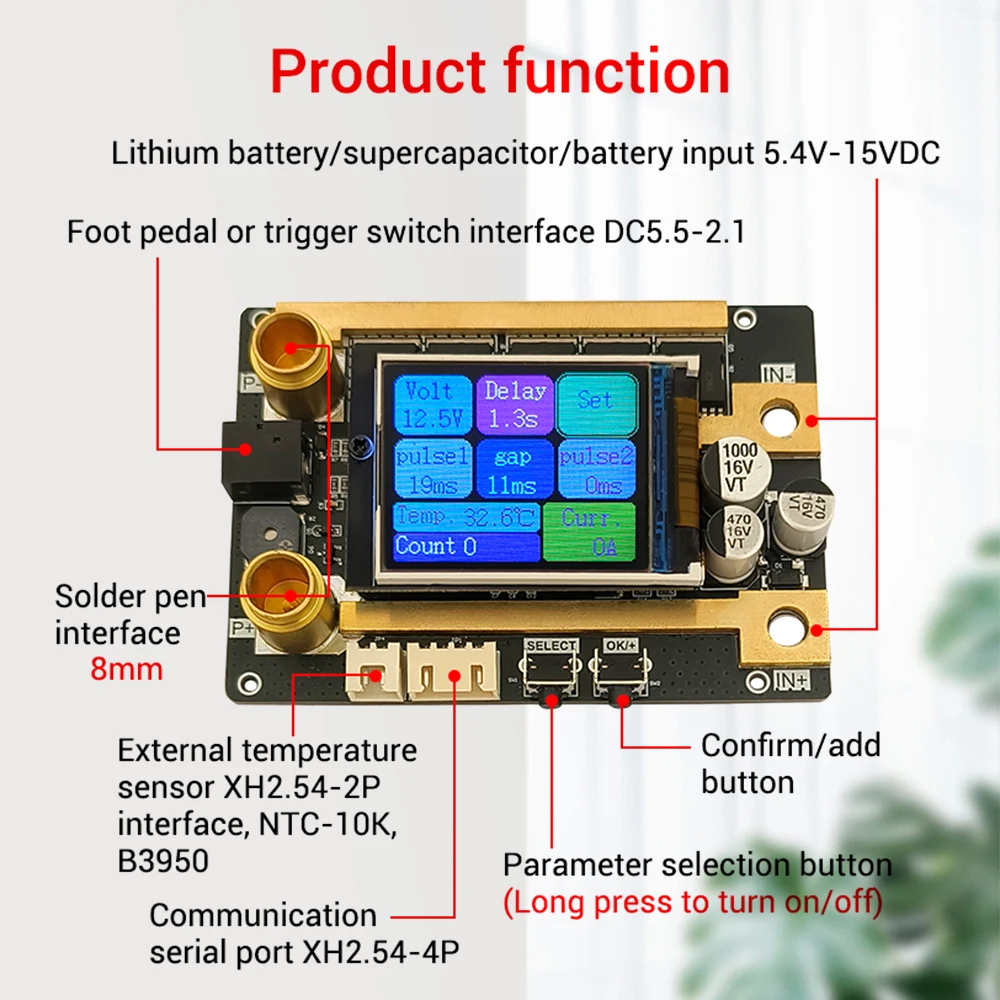 Tragbare Punktschweißgerät-Steuerplatine DIY DC 5,4–15 V Punktschweißmaschine Digitalanzeige Einstellbarer Punktschweißgerät für 18650-Batterie