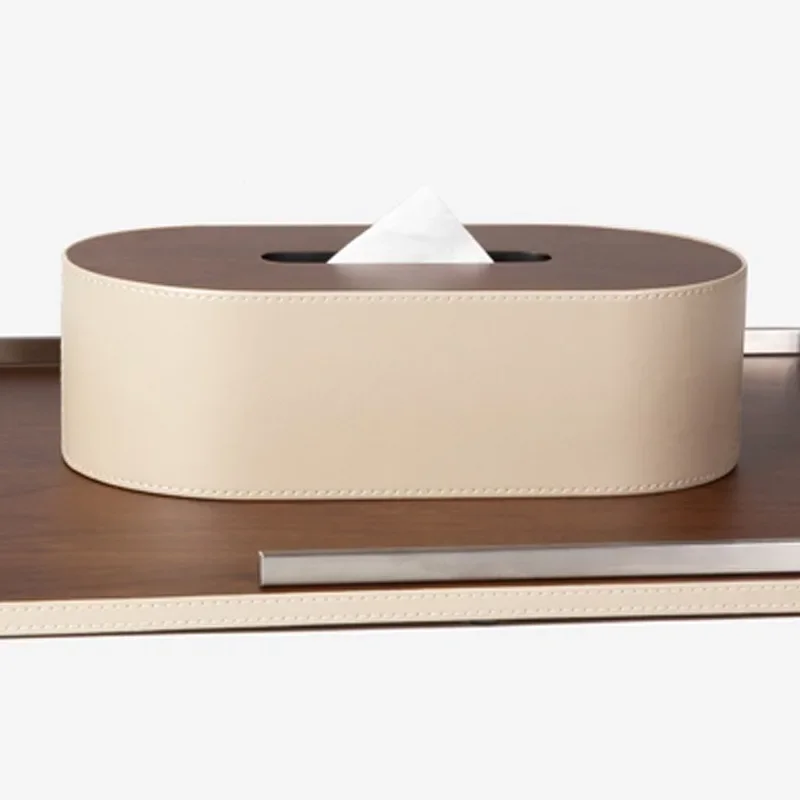 Simple modern light luxury walnut leather tray tissue box ornament