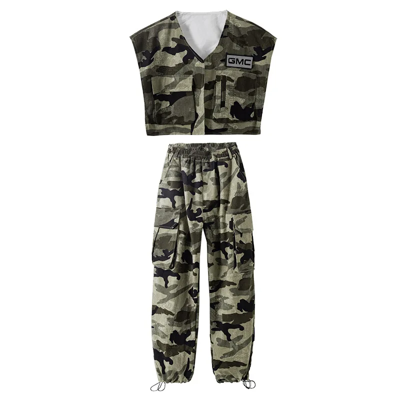 Meninas hip hop camuflagem colete calças de carga crianças militar jogger dança rua crianças traje adolescente meninos streetwear outfit