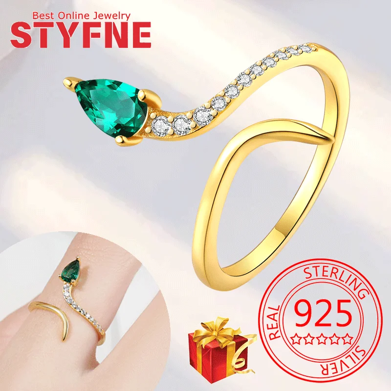 

Real 925 Sterling Silver Green Snake CZ Finger Adjustable Gold Ring For Women Wedding Jewelry Gifts with GIFT BOX