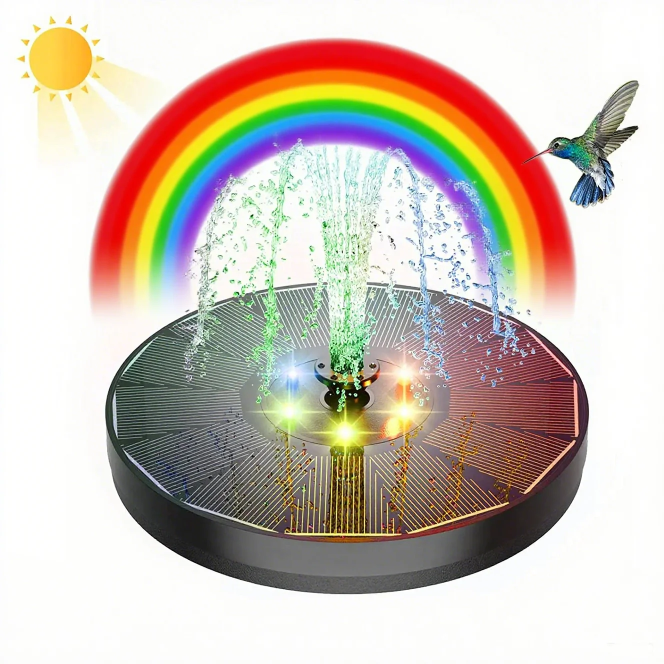 

12-цветный светодиодный фонтанный насос с солнечной зарядкой (1200 мАч) — 9 насадок, плавающая конструкция для садовых прудов, птичьих ванн, резервуаров