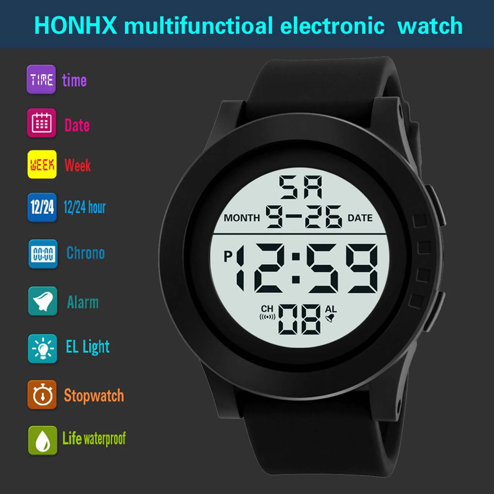 Mens LED Digital Display Watch Date Sport Women Outdoor Electronic Watch