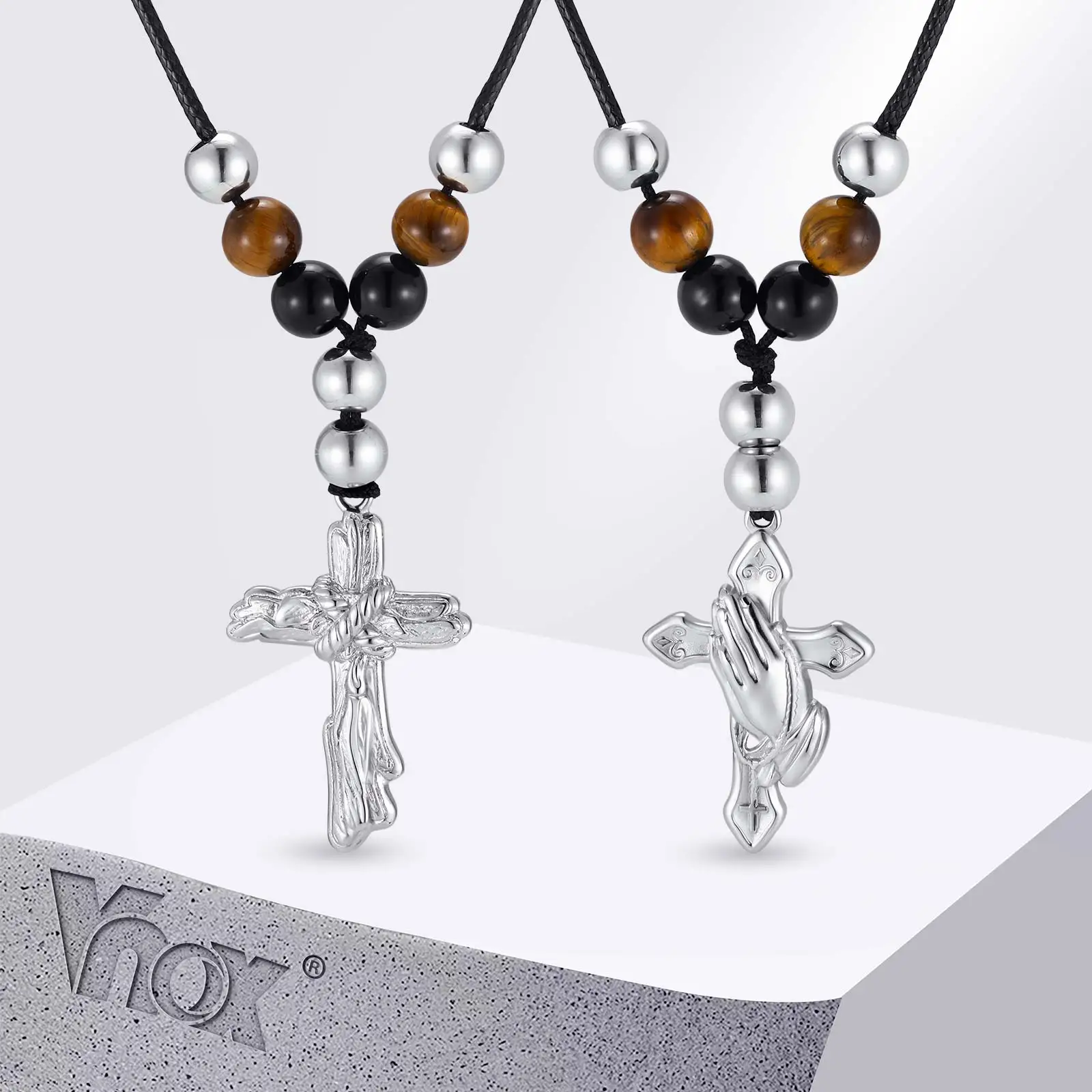 Collier pendentif croix Vnox pour hommes et femmes, œil de tigre, perles noires, cordon ciré réglable, bijoux religieux de prière, cadeau, 2 styles