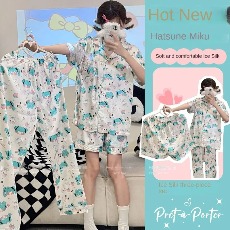 Hatsune Miku Character Pajamas for Women Summer New Short-sleeved Anime Cartoon Cute Student Outer Wear Fashion Home Clothes