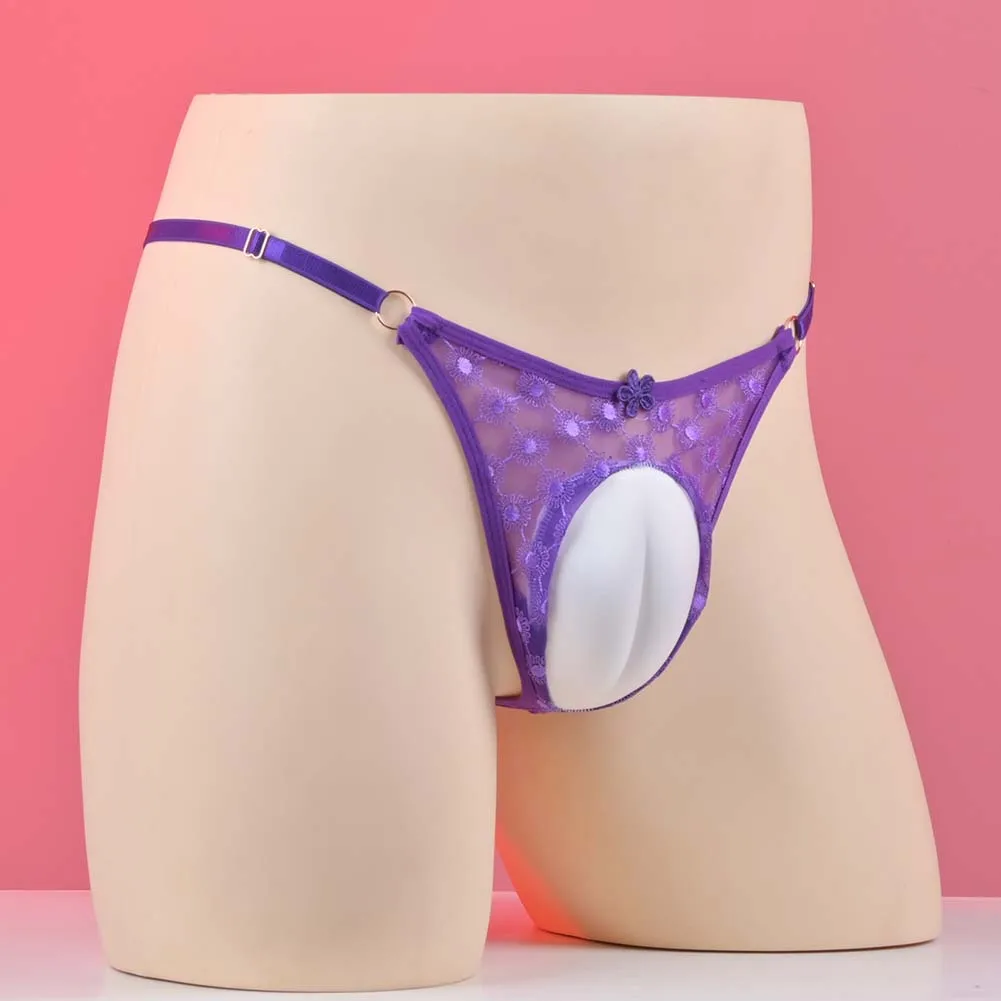Men Lace Embroidery Sissy G-string Thong Adjustable Panties Very Hot Lingerie Pouch T-Back Padded Brief Underwear Men's Clothing