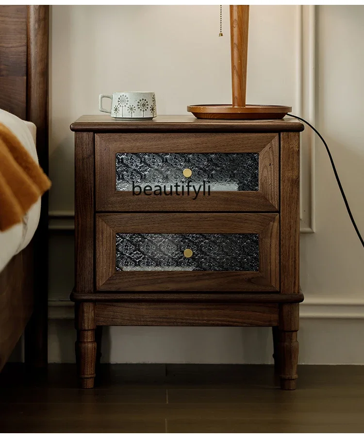 

North America Black Walnut Solid Wood Bedside Cabinet American Retro Bedroom Storage Cabinet