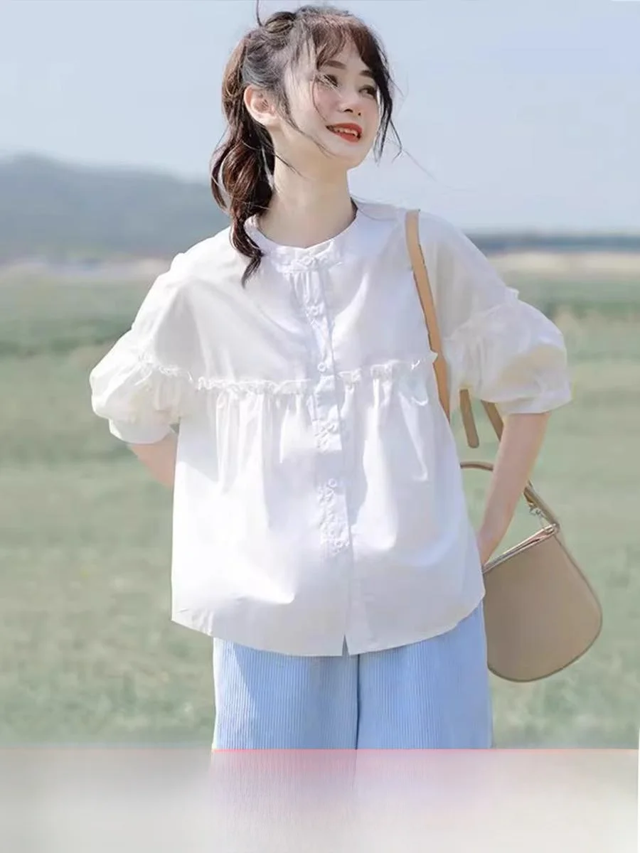 

Summer round Neck Loose Women's Shirt plus Size Fat MM Design Sense Match All Cotton Lace Splicing Shirt