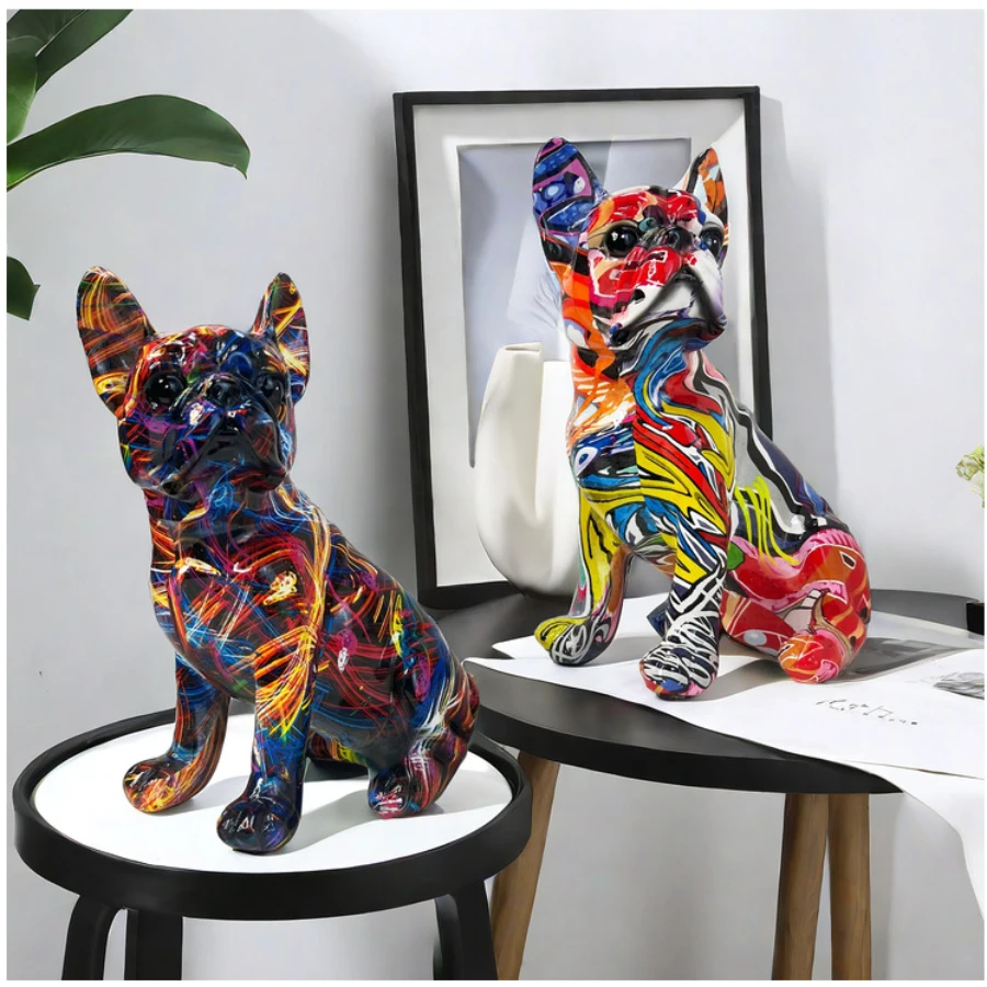 Décoration de statue de bouledogue français debout coloré, artisanat de graffiti de chien de compagnie de bricolage, ornement de statue d\'animal de