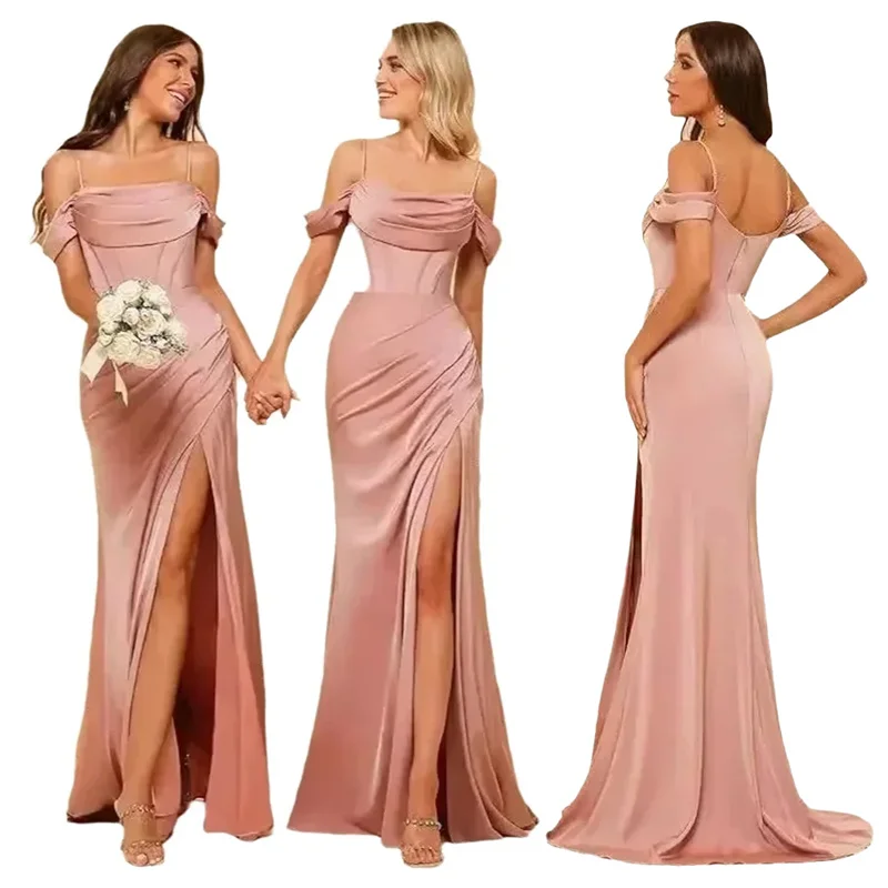 

Sexy Mermaid Pleat Evening Bridesmaid Dresses Wedding Party Formal Prom Birthday Floor Length Sweep Train Zipper