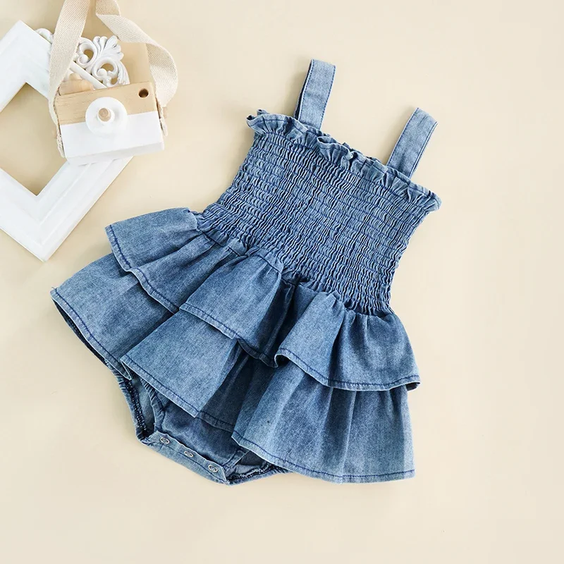 Summer Baby Girl Denim Romper Sleeveless Suspender Pleated Ruffle Hem Bottom Snap Button Bodysuits Jumpsuit Sunsuits