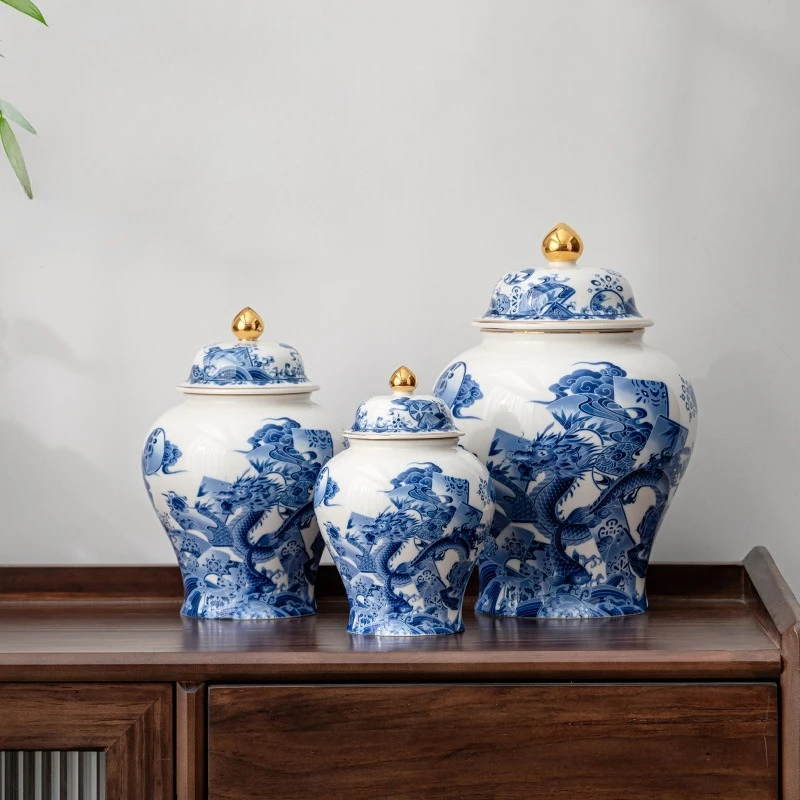 

Современная ручная роспись керамическая банка для чая с рисунком синего дракона, позолоченная банка для хранения большой емкости, настольная декоративная банка для рукоделия