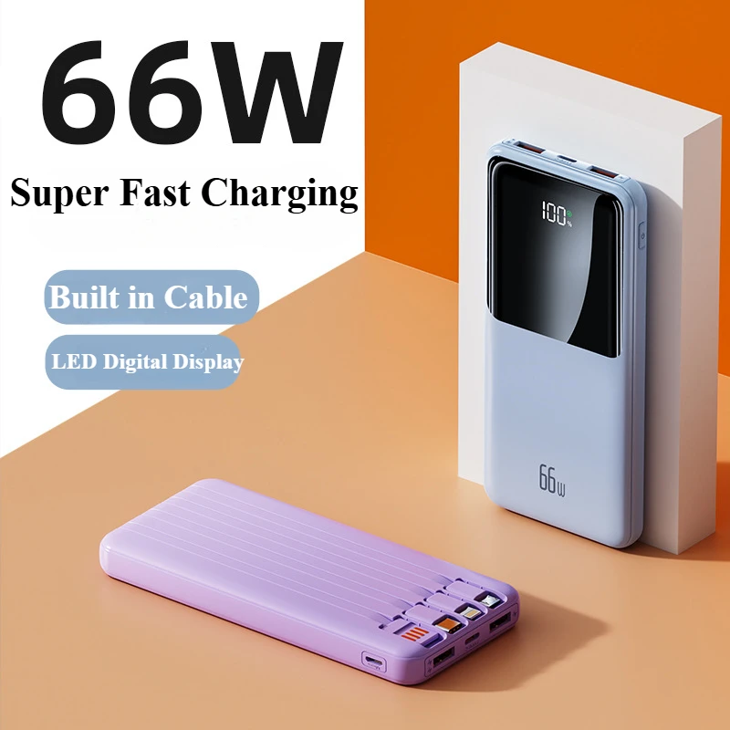 

66W Super Fast Charger Power Bank 10000mah Built in Cable Portable Charging External Battery 2USB for iPhone Xiaomi Powerbank