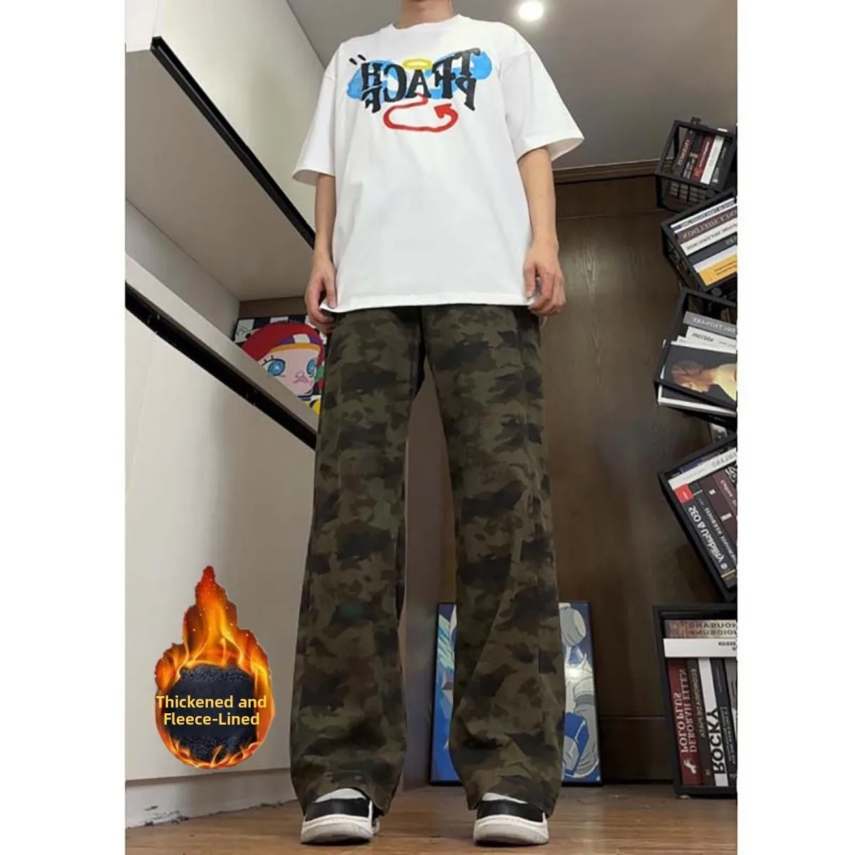 

American Camouflage Loose Fit Knife Denim Jeans for Men Autumn Winter Fce Lined Straight Leg Logging Work Sle Flare...