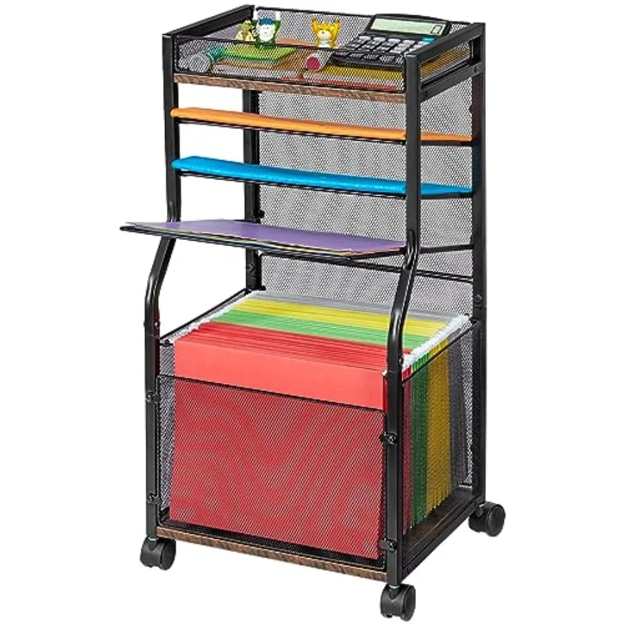 

5-Tier Rolling File Cart with Lockable Wheels, Mobile File Cabinet for Hanging File Folders Sliding Trays, Under Desk Storage,