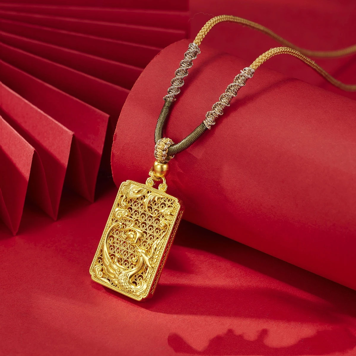 

Gold store 24K real gold dragon and phoenix pendant phoenix brand au9999 pure gold rope couple necklace