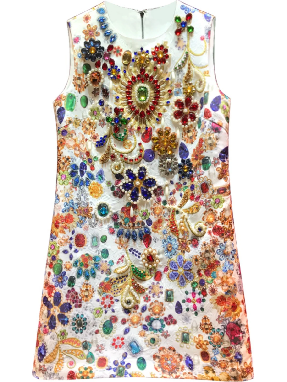 

Luxury Palace Wind Women Sleeveless Vest Dress Gemstone Diamonds Beads A-line Mini Dress Elegant Lady O-neck Party Gown Dresses