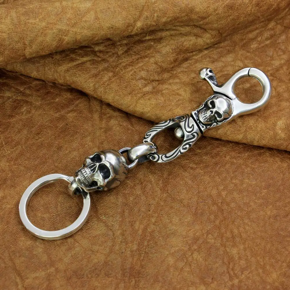 

High Detail 925 Sterling Silver Skull KeyRing Biker Punk Keychain DIY Accessory TA249 MZ