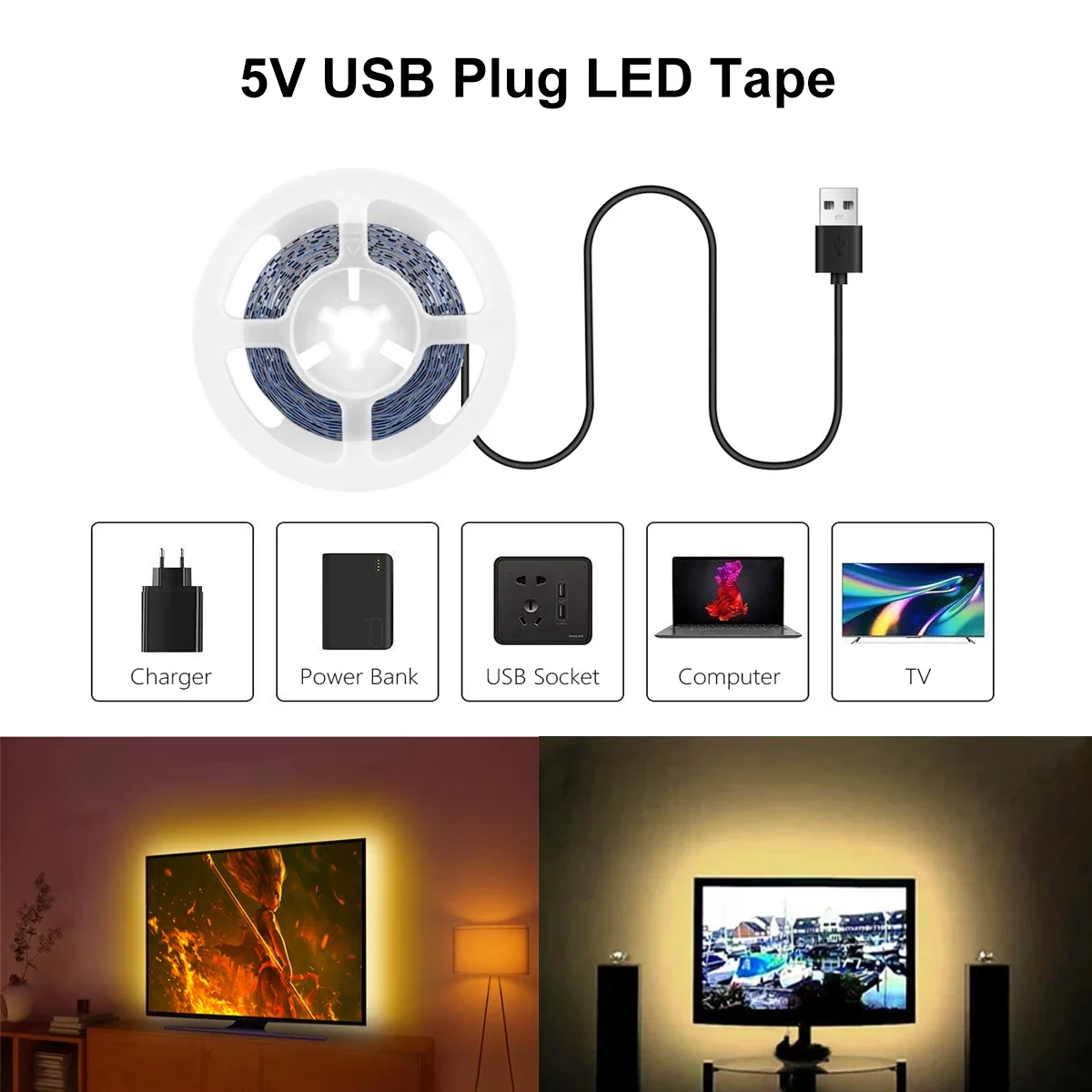 DC5V Energy-Saving SMD2835 USB Powered LED Diode Strip Light Suitable For TV Computer Backlight Makeup Mirror Closet Bedroom Dec