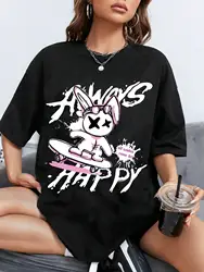 Cute Rabbit Printed Women T-Shirts Casual Fashion All-Match Soft Short Sleeve Tops Loose Comfortable Round Neck Street Clothing