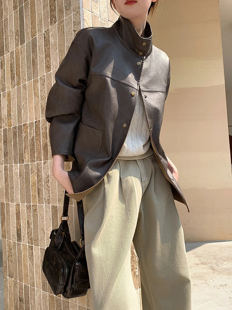 Missneko Brown Single Button Double Sided Wear Leather Jaet Women's Loose Casual Top Street Sle PU Leather Spring 2025
