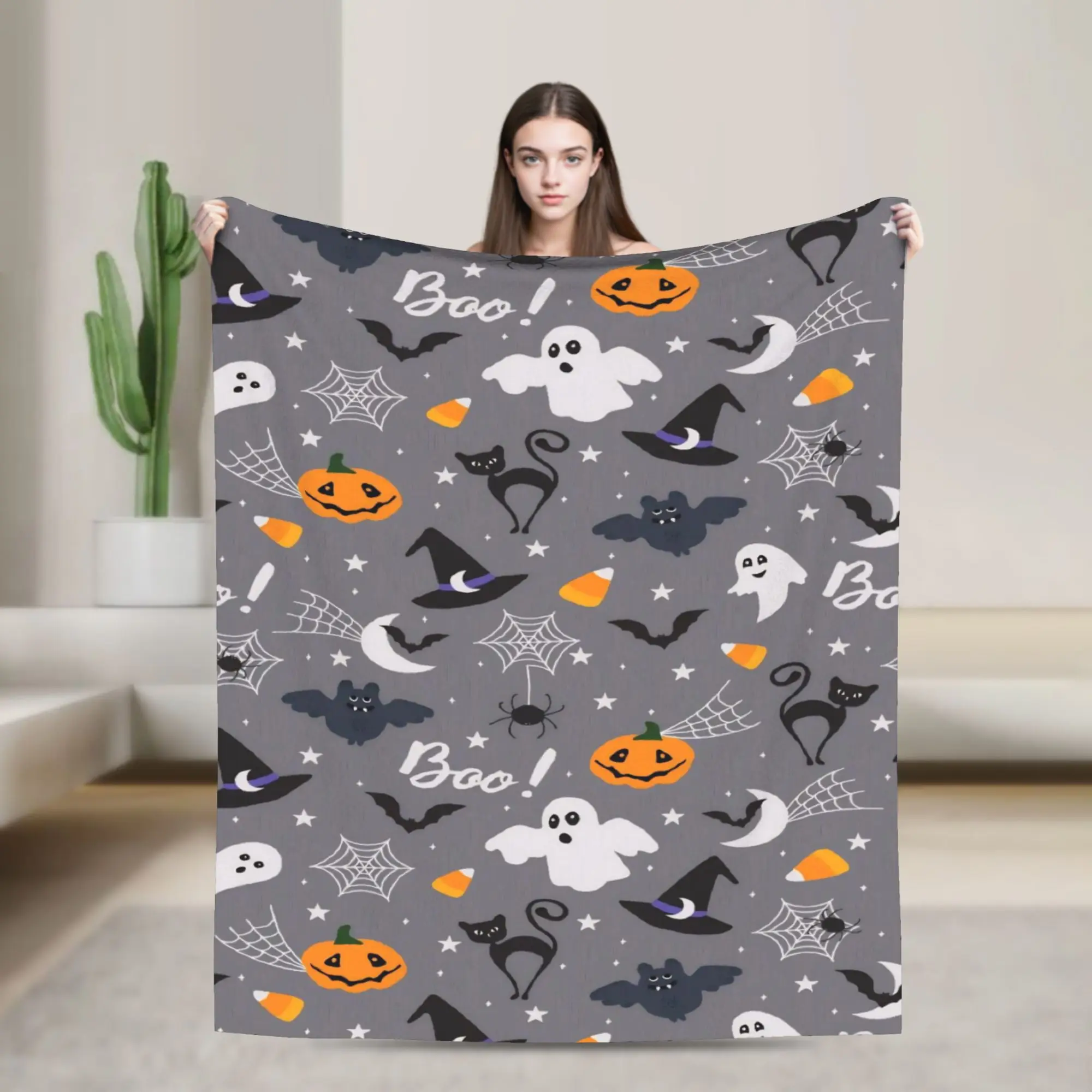 Halloween Ghost Pumpkin Spooky Trick Or Treat Witch Blanket Soft Flannel Healing Present  Throw Blankets Rug Piece