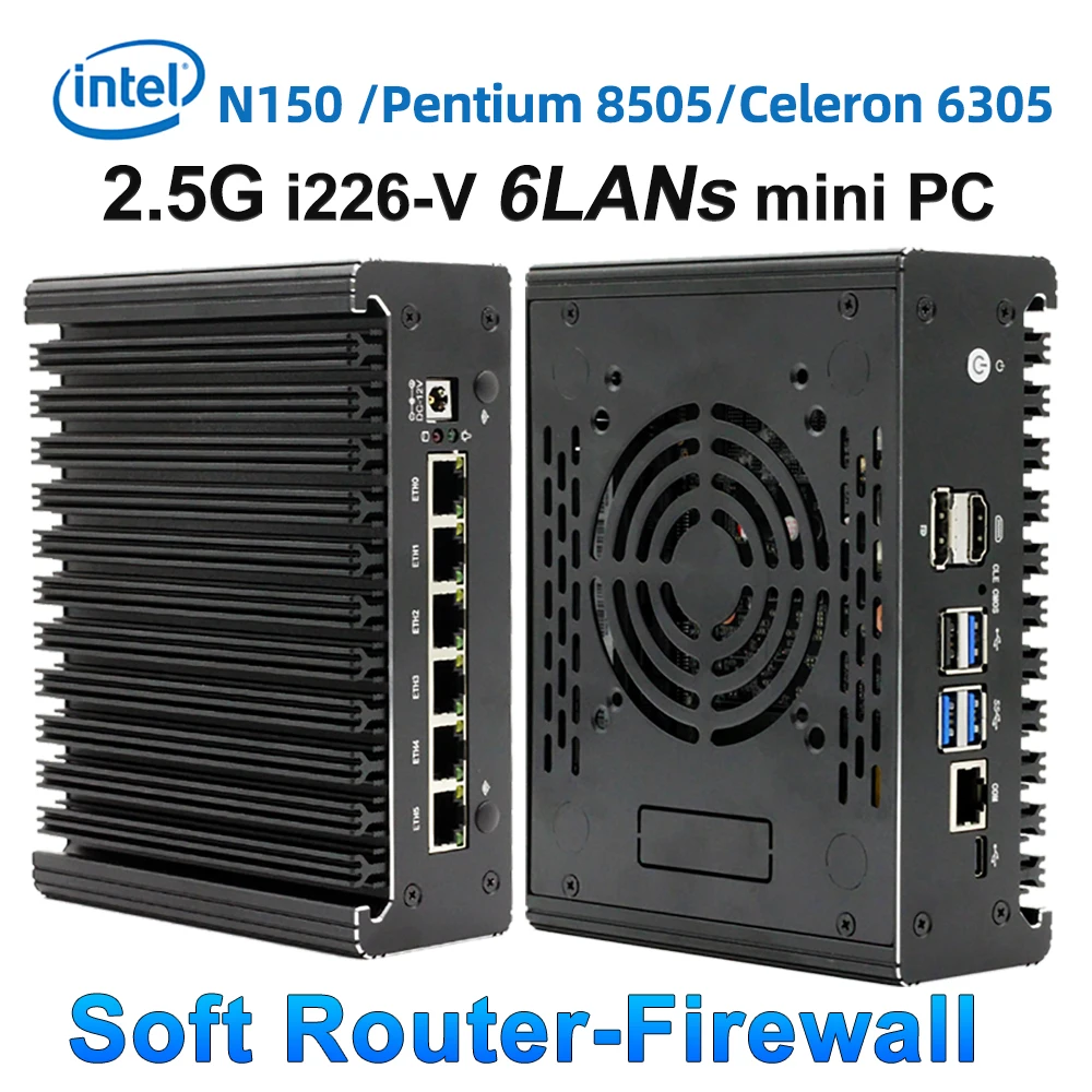 인텔 셀러론 6305/N150/펜티엄 골드 8505 소프트 라우터 6랜 i226-V 2.5G 팬리스 미니 PC NVMe SATA pfSense 방화벽 어플라이언스