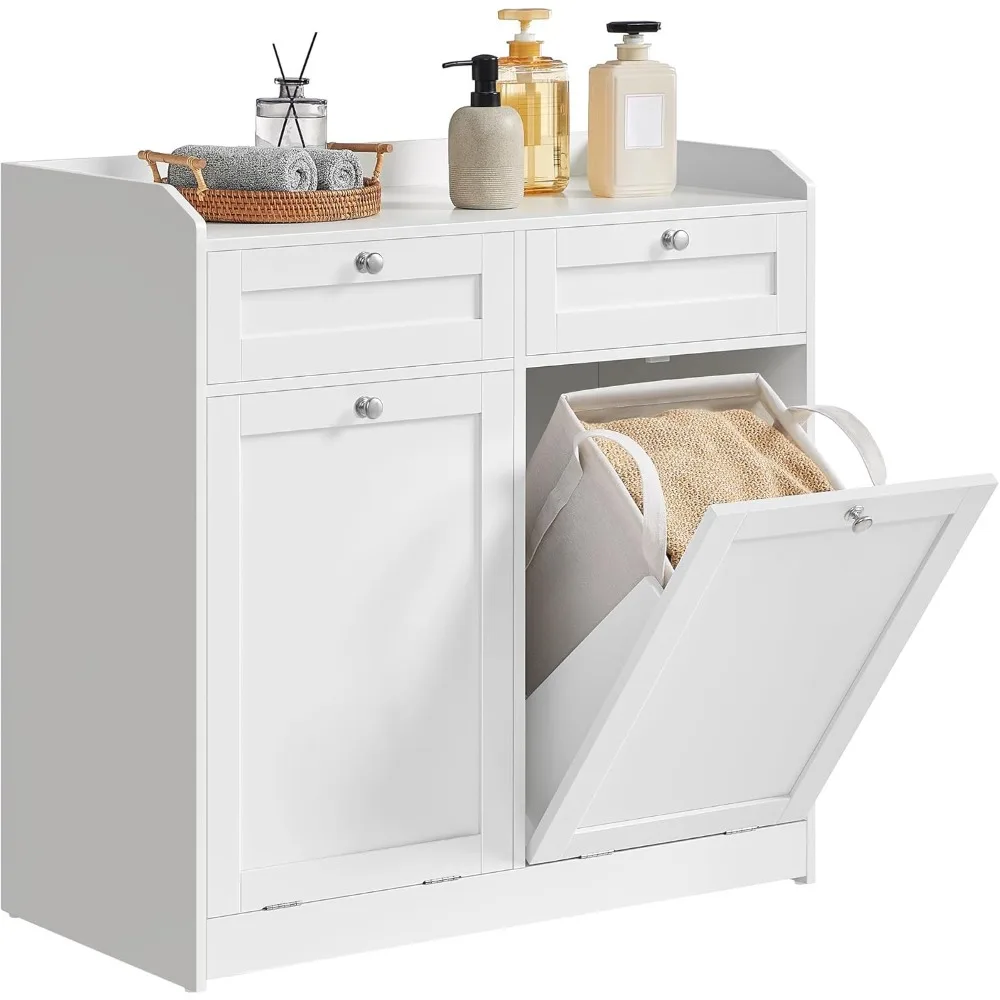 Bathroom Laundry Cabinet with Basket, with 2 Drawers and 2 Hidden Laundry Hampers, Freestanding, Tilt-Out Laundry Baskets with