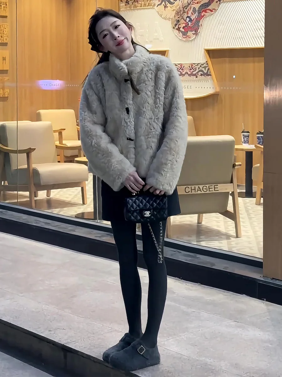 

Lamb Fur ort Coat Women's Winter Faionable ort Length Button up Warm Gentle Sle Stand Collar Long Sve Woolen Top