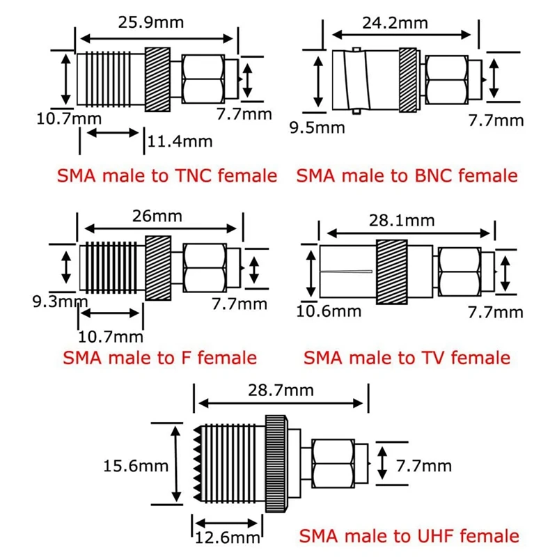 Zestaw adapterów SMA typu FULL-10 Zestawy adapterów SMA męski na N/F/BNC/UHF/MCX/SMB/TV/TNC żeński prosty niklowany konwerter testowy