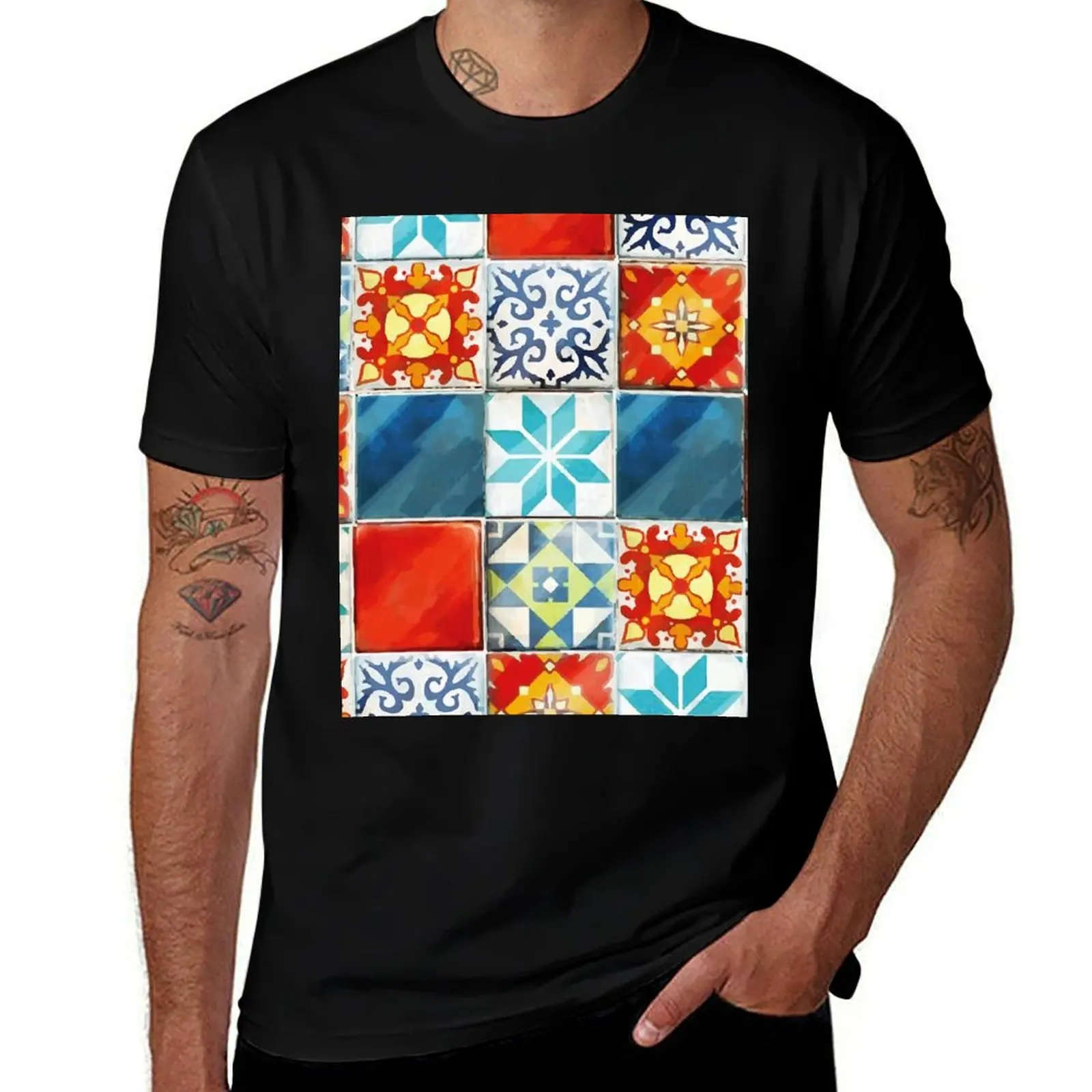 Colorful azulejos tiles from Azul board game T-Shirt Fashion Graphic Tee for Men T-Shirt