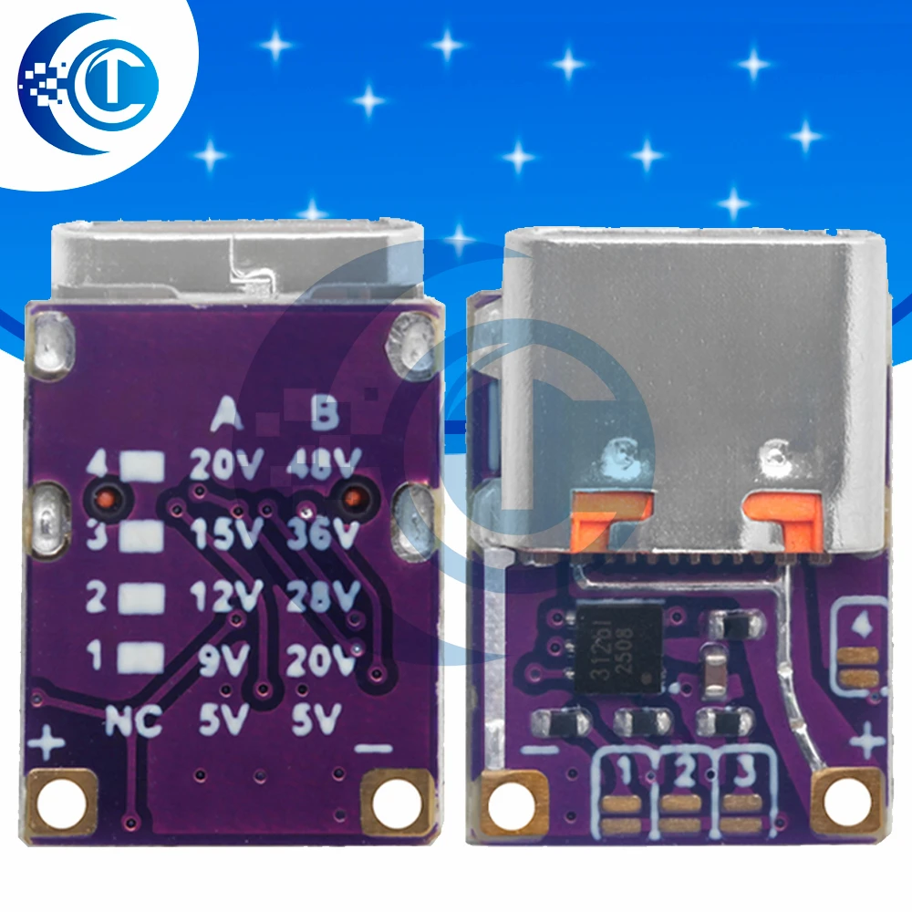 1PC PD3.0 / PD3.1 / QC3.0 Fast Charging Trigger Module DC 5V-48V Adjustable Voltage, PD to DC Type-C Interface