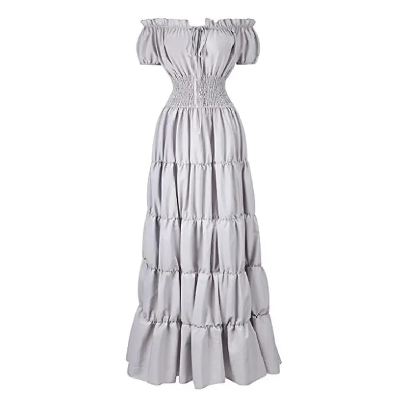 Elegant Medieval Renaissance Dress Boho Short Sleeves Off Shoulder Smocked Waist Retro Pleated Long Dress Costume Gown